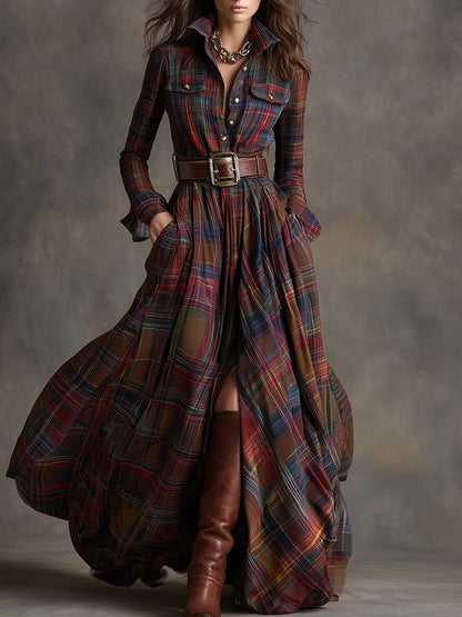 Women’s Plaid Maxi Dress with Button Front and Belted Waist