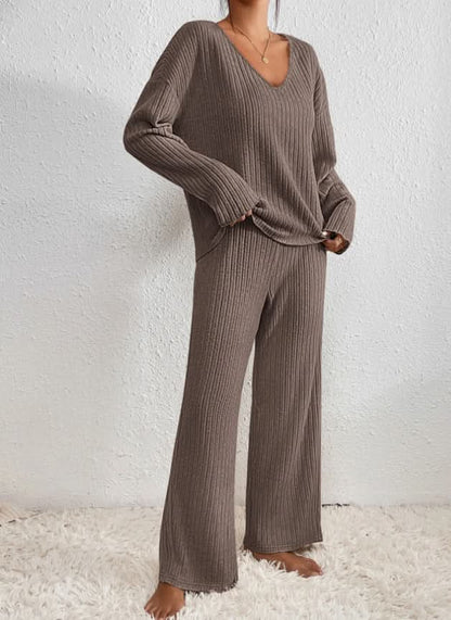 Women's Ribbed Knit Two Piece Set with Long Sleeve Top and Pants