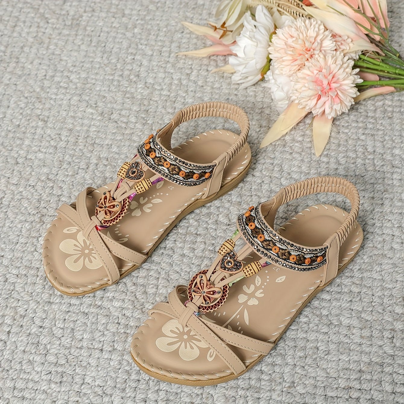 Women’s Boho Beaded Flat Sandals with Slip-On Design and Cushioned Sole
