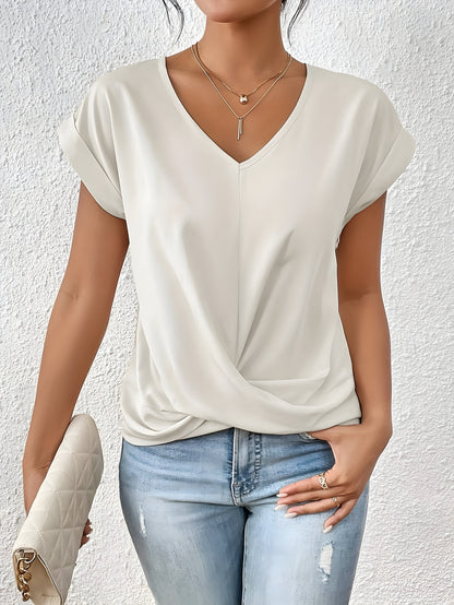 Women's V-Neck Twist Front Summer Top  Relaxed Fit Cap Sleeve Casual Blouse