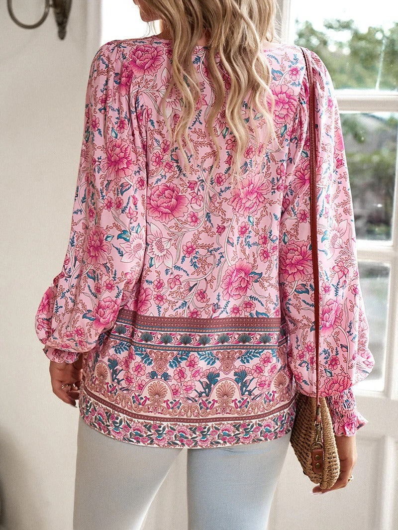 Women's Boho Floral V-Neck Blouse Loose Fit Lightweight Summer Casual Top