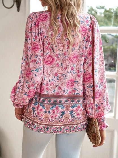 Women's Boho Floral V-Neck Blouse Loose Fit Lightweight Summer Casual Top