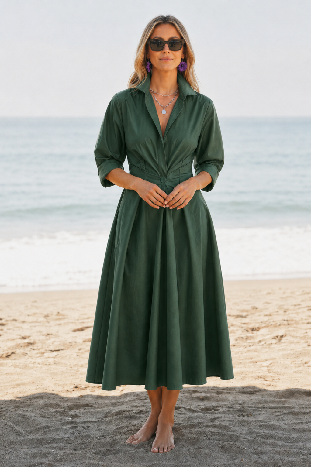 Bettina | Women’s V Neck Button Front Midi Dress