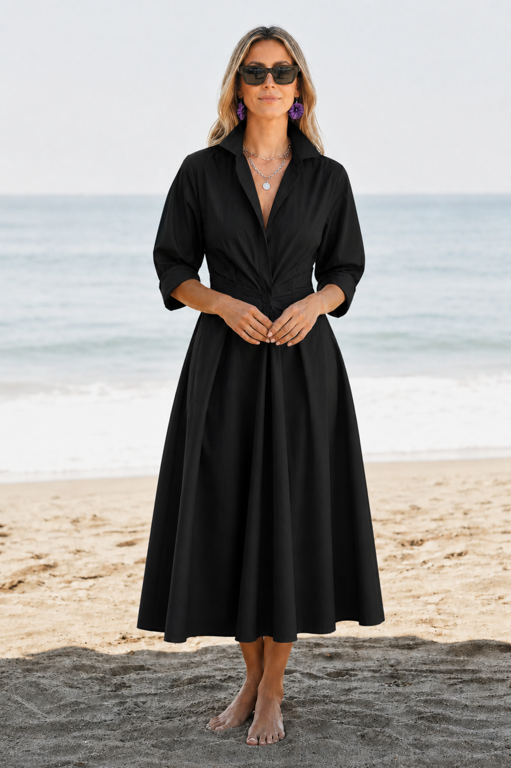 Bettina | Women’s V Neck Button Front Midi Dress