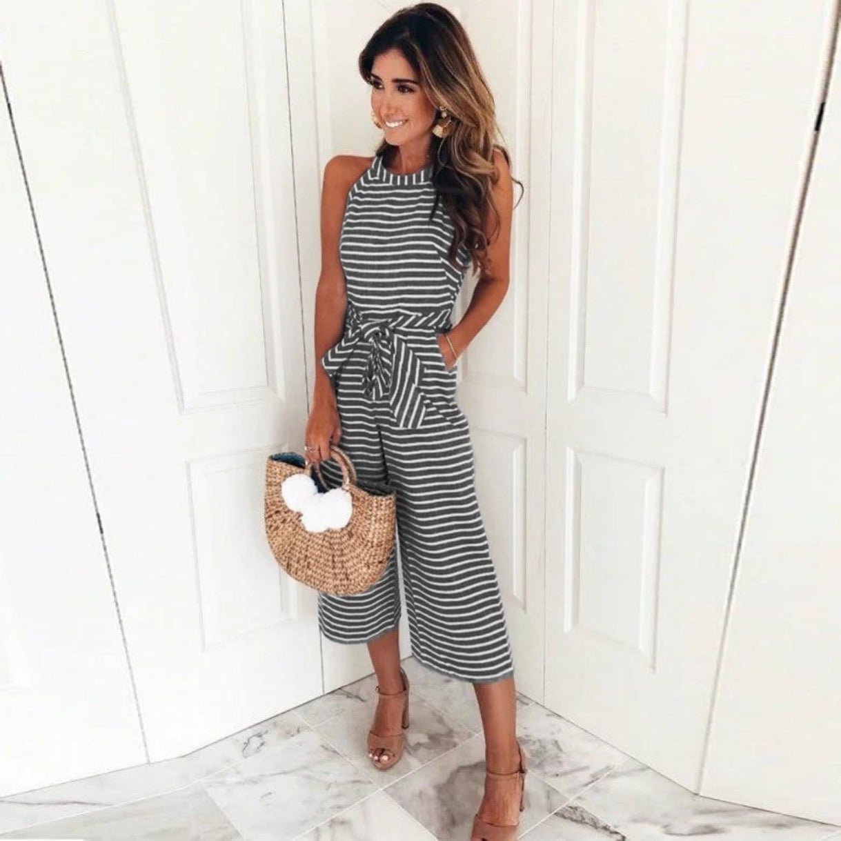 Women’s Striped Wide Leg Jumpsuit with Sleeveless Design