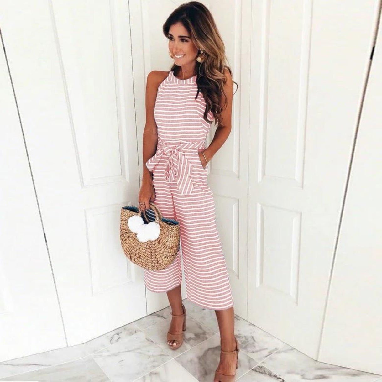 Women’s Striped Wide Leg Jumpsuit with Sleeveless Design