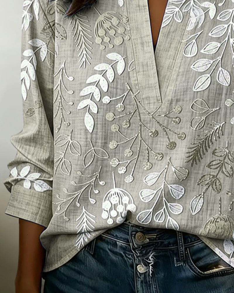 Women's Floral Embroidered V-Neck Blouse with Long Sleeves