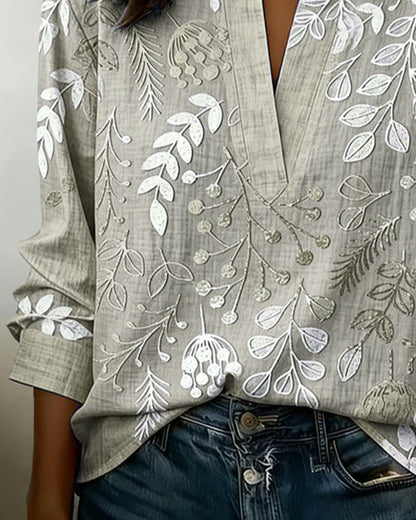 Women's Floral Embroidered V-Neck Blouse with Long Sleeves