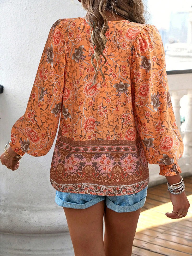 Women's Boho Floral V-Neck Blouse Loose Fit Lightweight Summer Casual Top