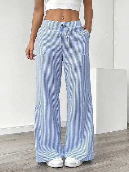 Women’s Wide Leg Striped Pants with Elastic Waist and Drawstring