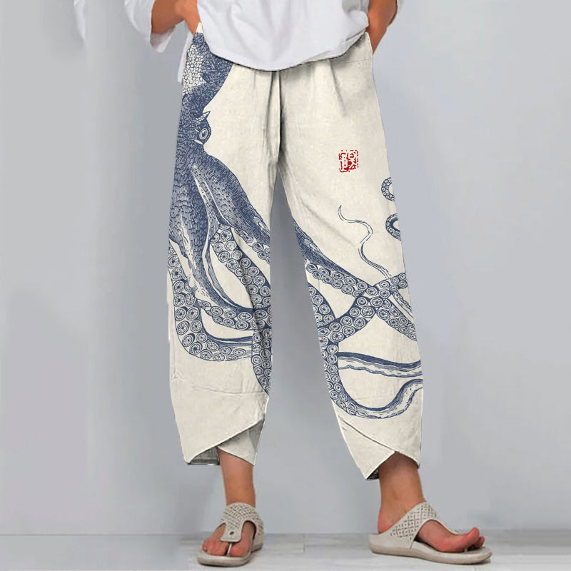 Women's Octopus Print Wide Leg Pants – Relaxed Fit Lightweight Casual Summer Trousers