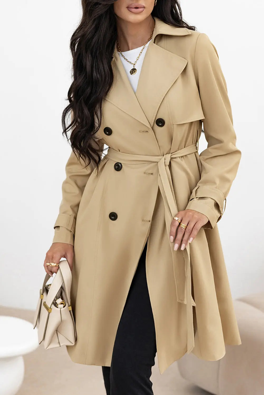 Schicker Langer Klassischer Trenchcoat Mit Gürtel Für Damen