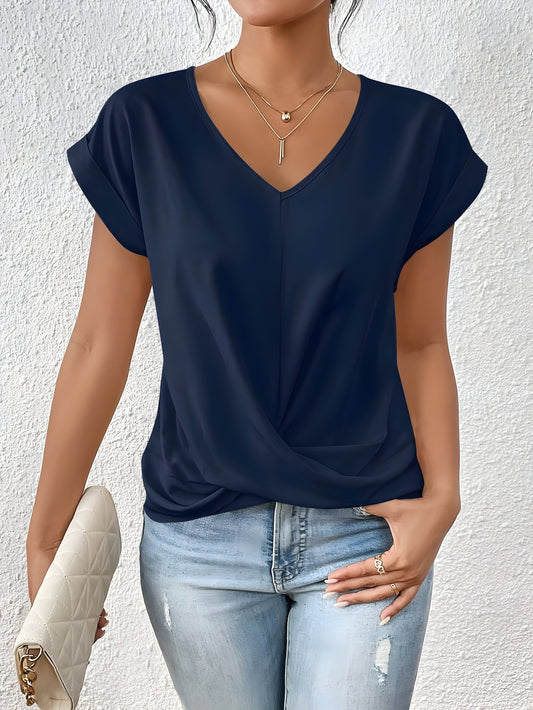 Women's V-Neck Twist Front Summer Top  Relaxed Fit Cap Sleeve Casual Blouse