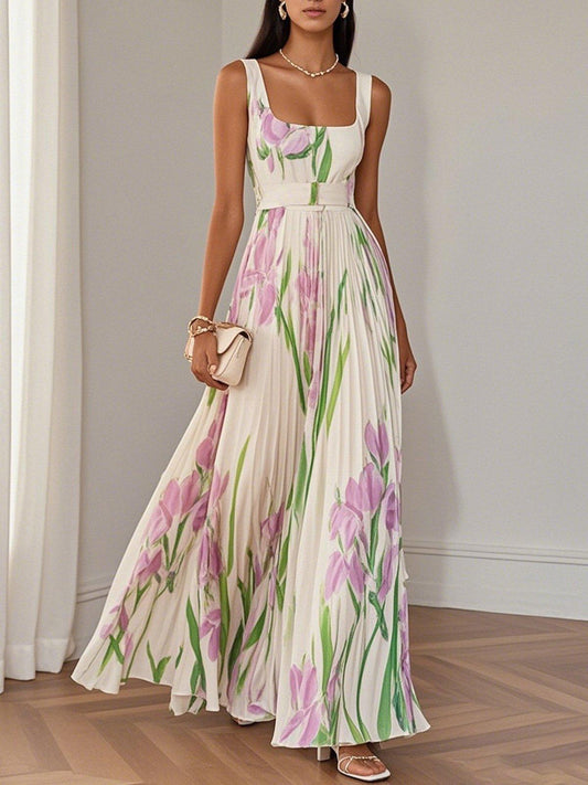 Women’s Floral Maxi Dress with Square Neck and Pleated Skirt