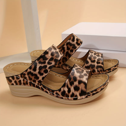 Women's Leopard Print Wedge Slide Sandals with Cushioned Insole