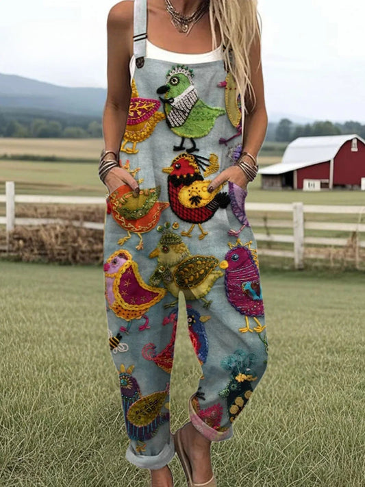 Women's Vintage Bird Print Jumpsuit with Pockets – Loose Fit Casual Summer Overalls
