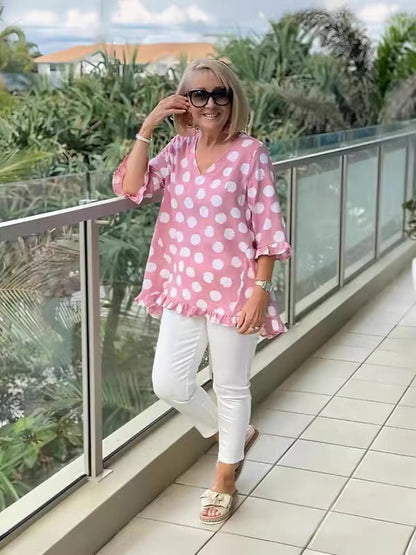 Women's Polka Dot V-Neck Blouse Relaxed Fit Lightweight Casual Summer Top