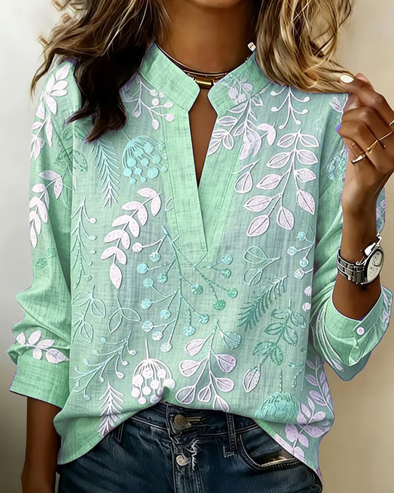 Women's Floral Embroidered V-Neck Blouse with Long Sleeves