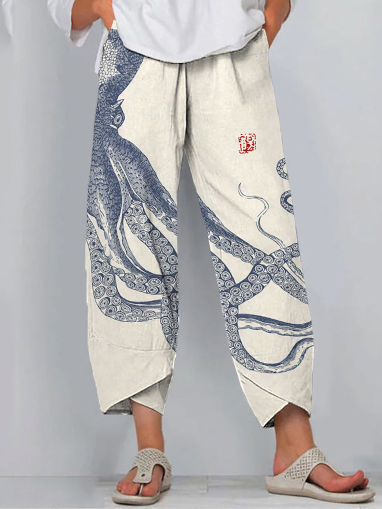 Women's Octopus Print Wide Leg Pants – Relaxed Fit Lightweight Casual Summer Trousers