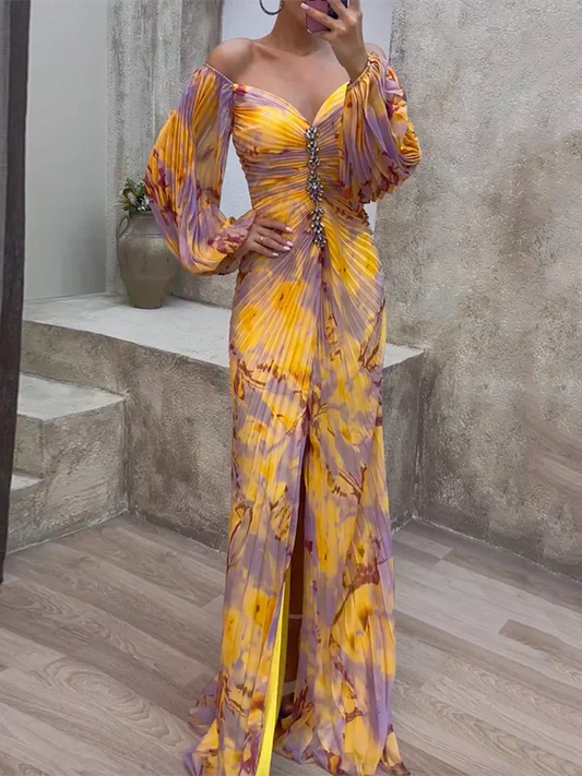 Women’s Off Shoulder Pleated Elegant Flowing Maxi Dress