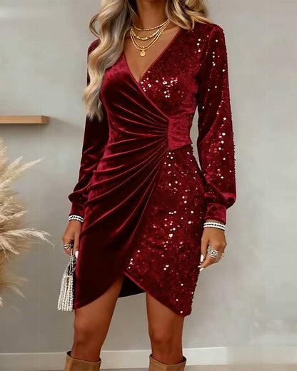 Women’s Velvet Sequin Wrap Mini Dress with Long Sleeves and Draped Waist