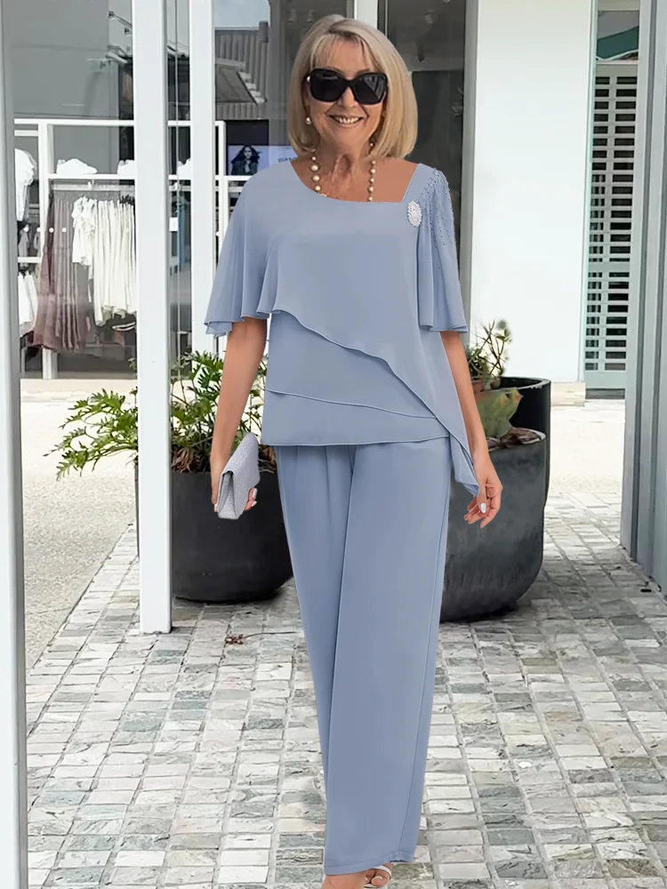 Women's Elegant Summer Two Piece Set Loose Fit Top and Wide Leg Pants