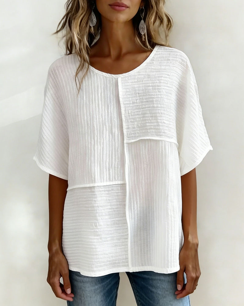 Women's Textured Patchwork Top with Round Neck and Short Sleeves