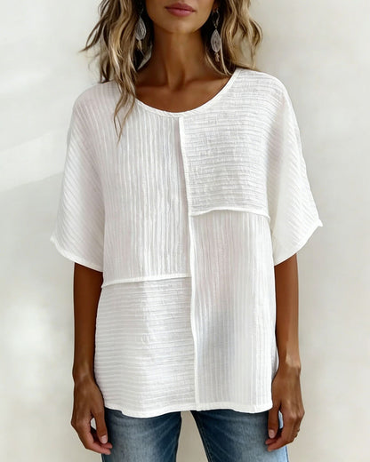 Women's Textured Patchwork Top with Round Neck and Short Sleeves