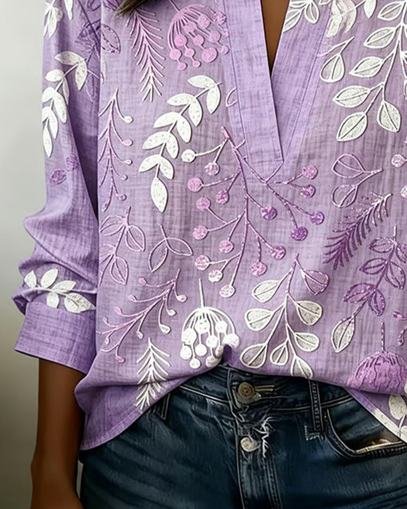 Women's Floral Embroidered V-Neck Blouse with Long Sleeves