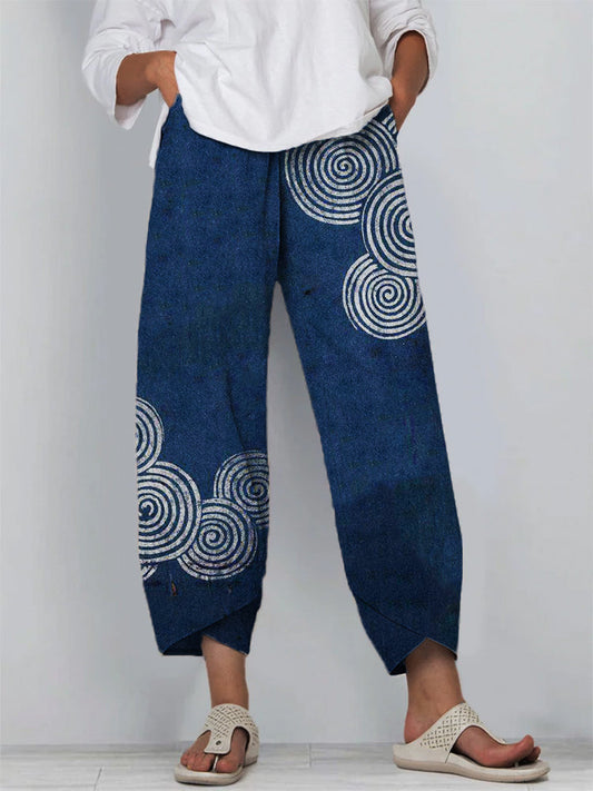 Women's Spiral Print Wide Leg Pants – Relaxed Fit Lightweight Casual Statement Trousers
