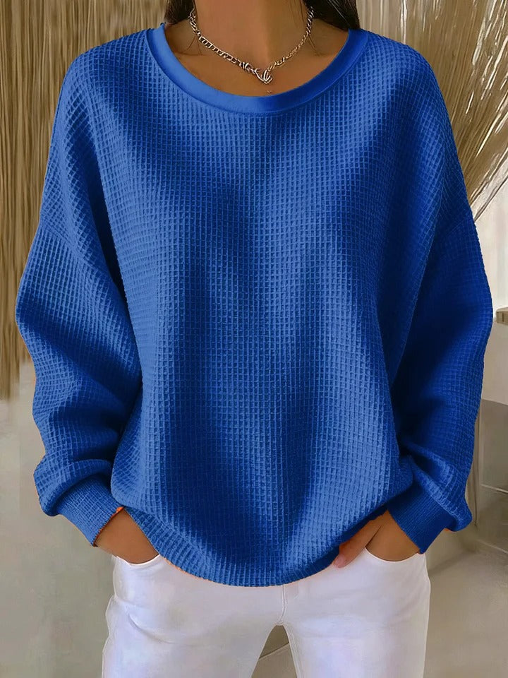 Women's Waffle Knit Long Sleeve Top with Round Neck