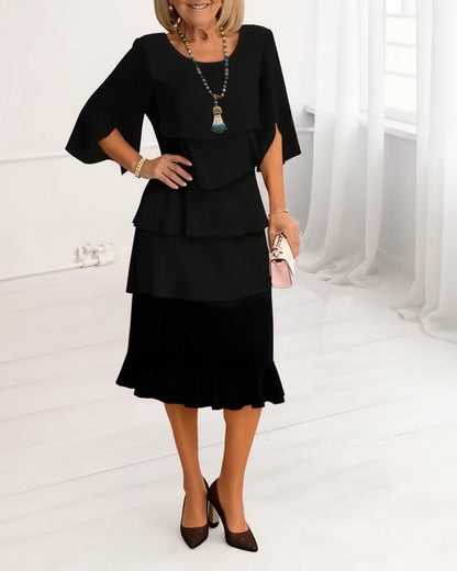 Women's Elegant Midi Dress with Ruffle Layers and Split Sleeves