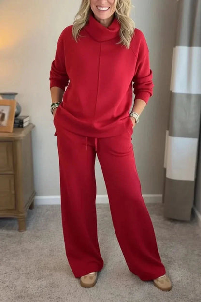 Women's Turtleneck Loungewear Set with Wide Leg Pants Cozy Two Piece