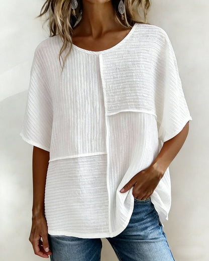 Women's Textured Patchwork Top with Round Neck and Short Sleeves