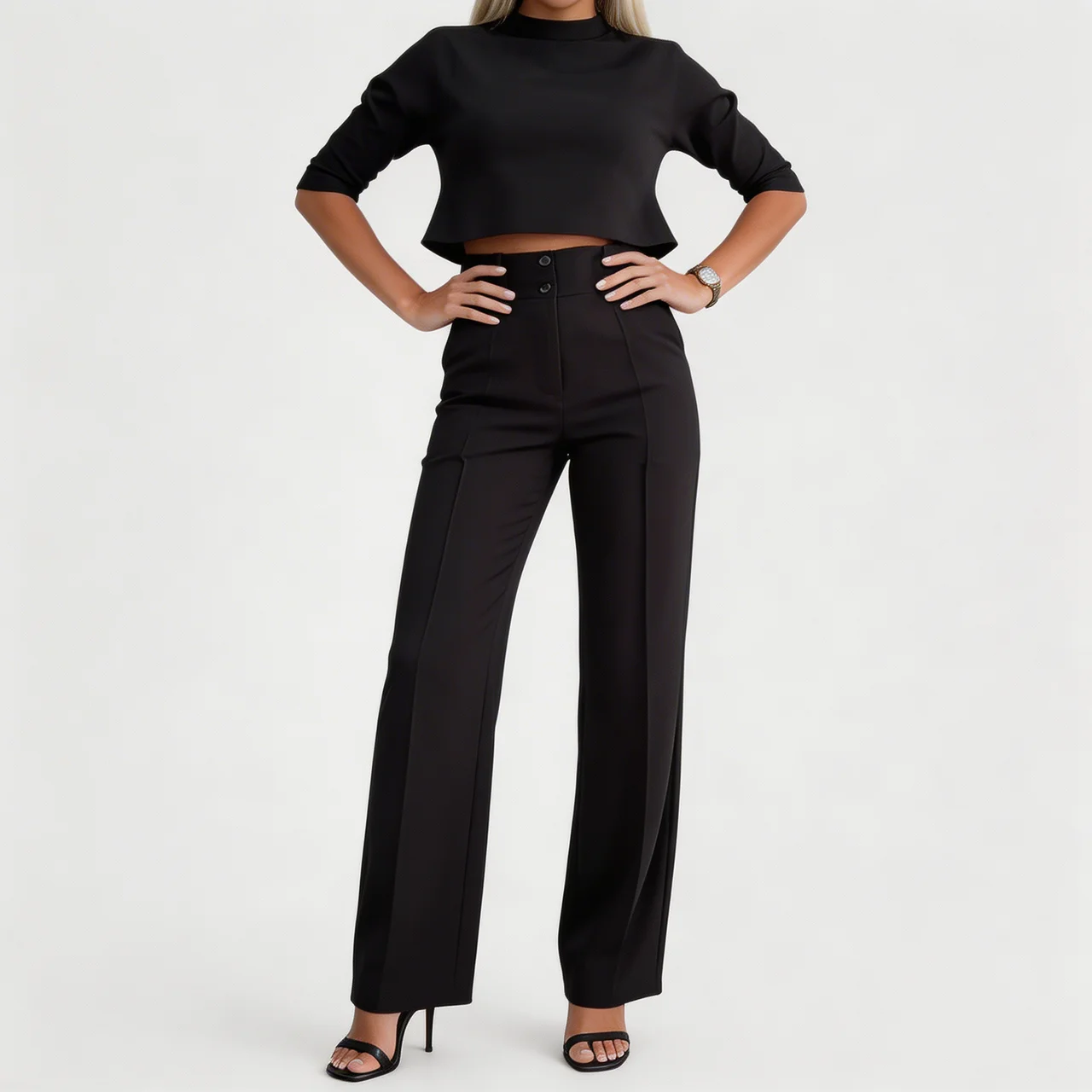Women's Cropped Top & High Waist Pants Set Elegant Two Piece Work Outfit