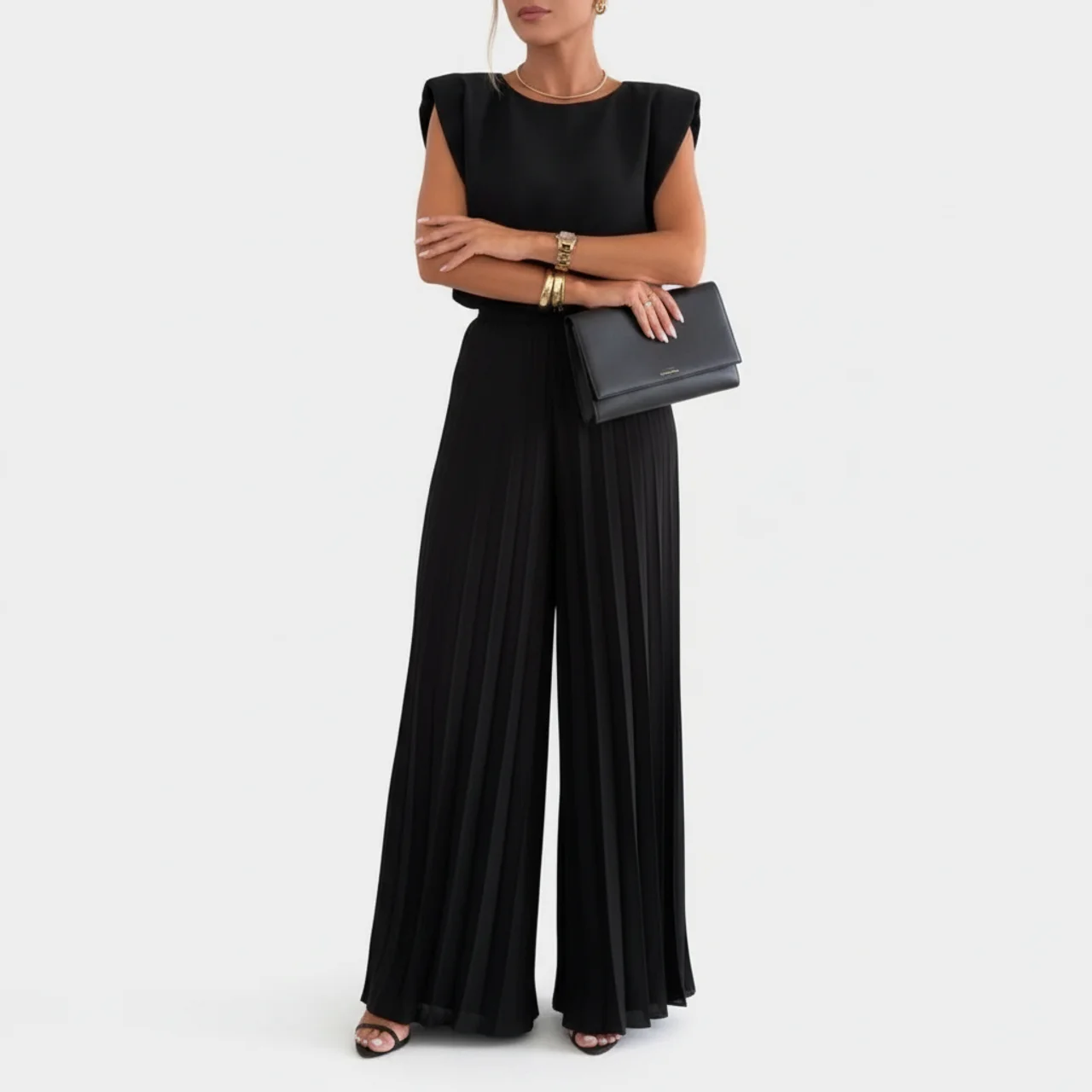 Women's Pleated Wide Leg Jumpsuit Cap Sleeve Elegant Evening Formal Outfit