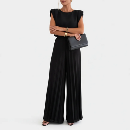 Women's Pleated Wide Leg Jumpsuit Cap Sleeve Elegant Evening Formal Outfit