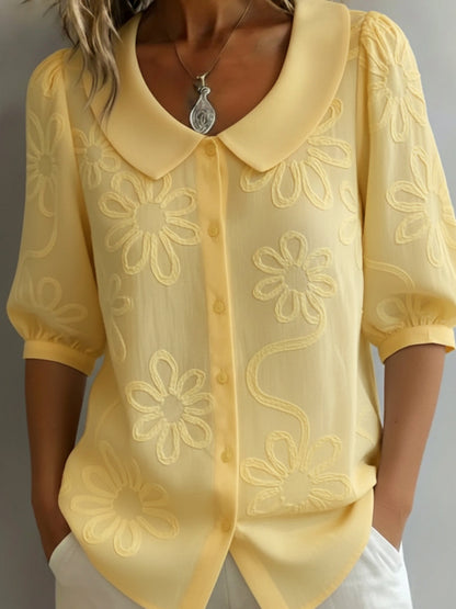 Women's Floral Embroidered Blouse with Peter Pan Collar