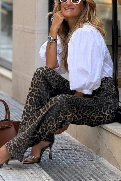 Women’s High Waist Leopard Wide Leg Pants with Flowing Fit
