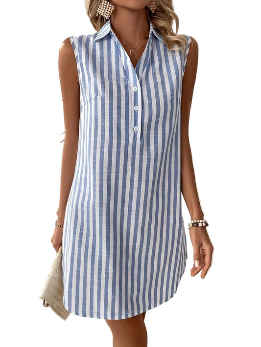 Women's Striped Shirt Dress Sleeveless Casual Summer Mini Dress