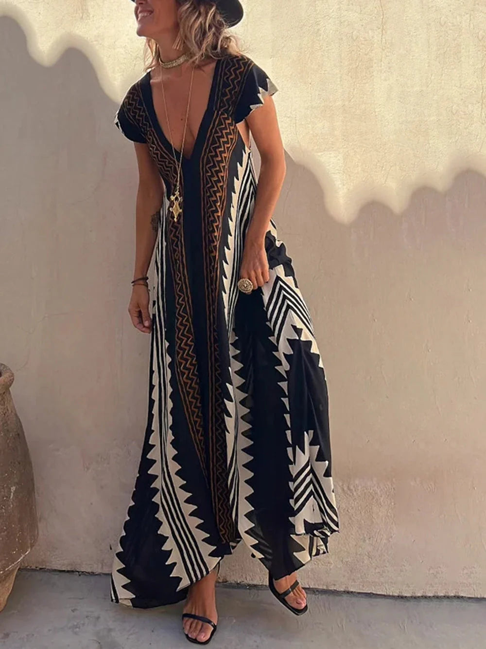 Darbie | Women's V Neck Ethnic Printed Maxi Dress