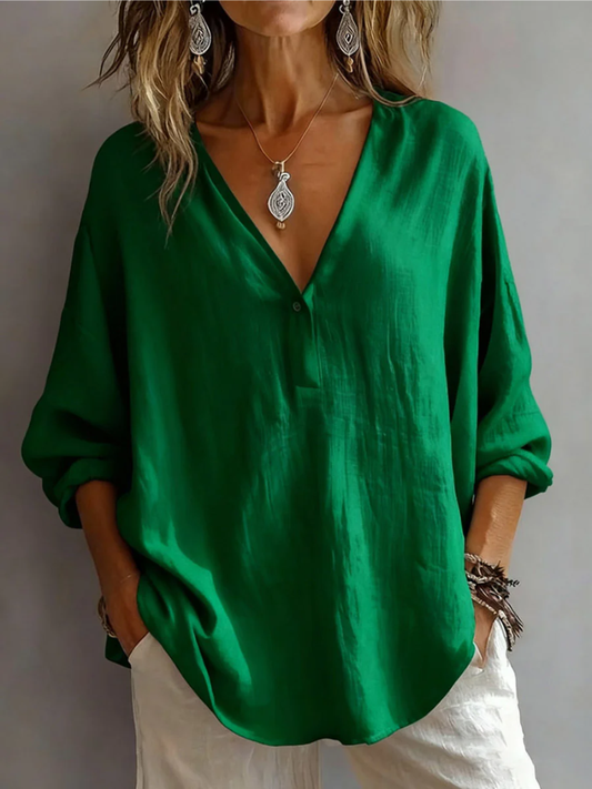 Women's Loose Fit V-Neck Blouse with Long Sleeves