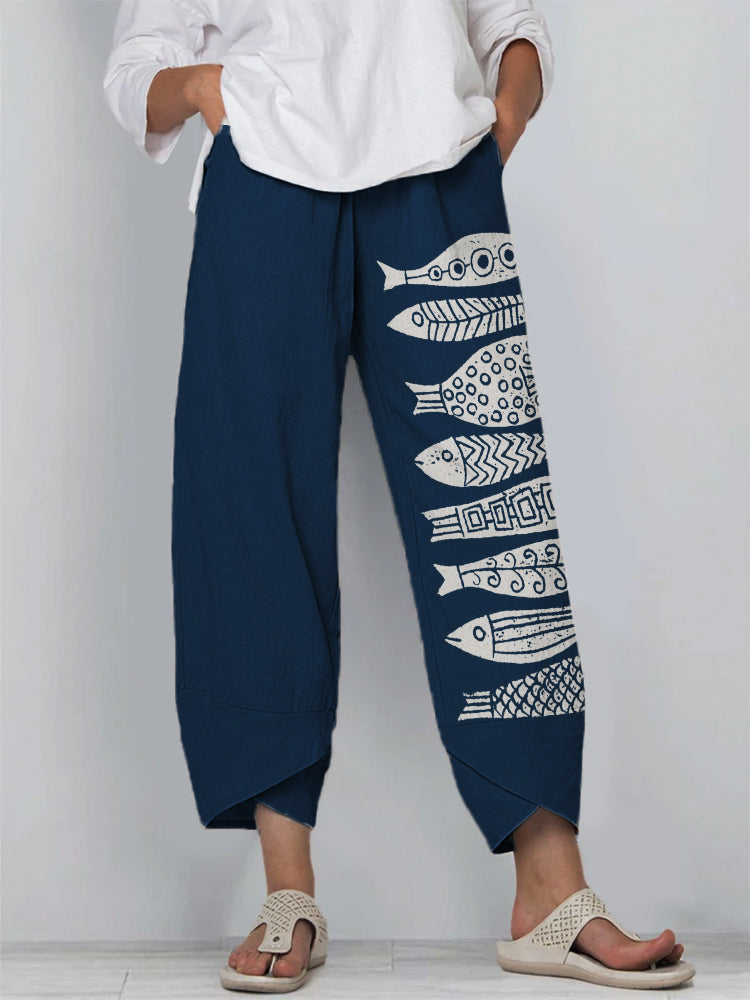 Women's Fish Print Harem Pants – Relaxed Fit Lightweight Casual Statement Trousers