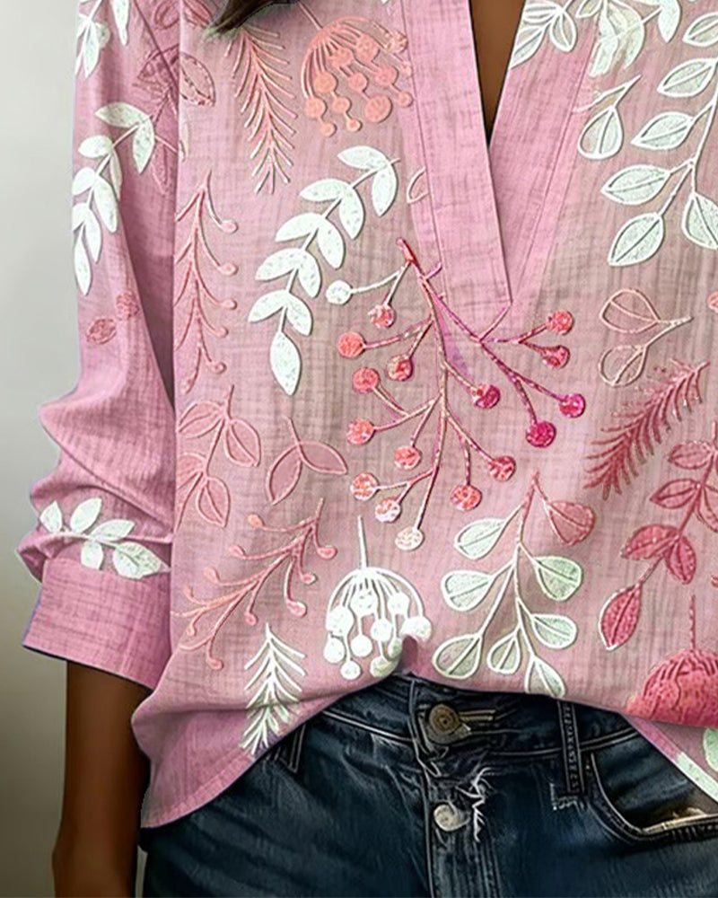 Women's Floral Embroidered V-Neck Blouse with Long Sleeves