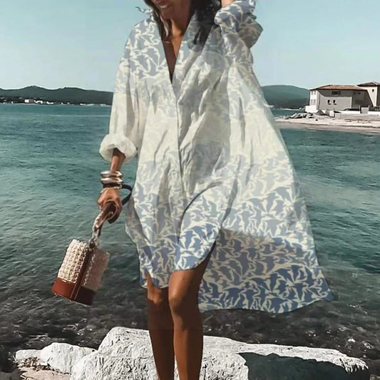 Women’s Printed Shirt Style Relaxed Fit Casual Midi Dress