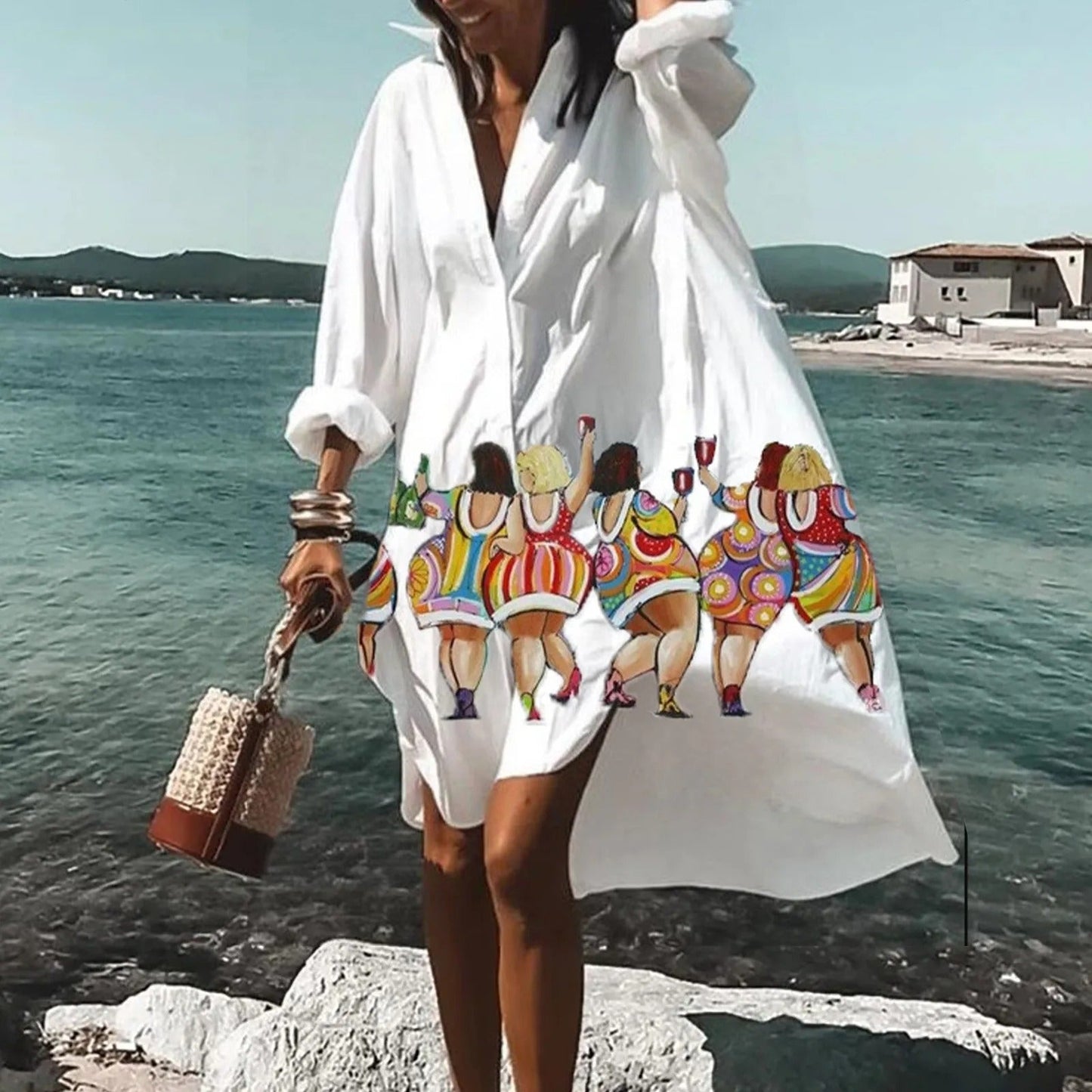 Women’s Printed Shirt Style Relaxed Fit Casual Midi Dress