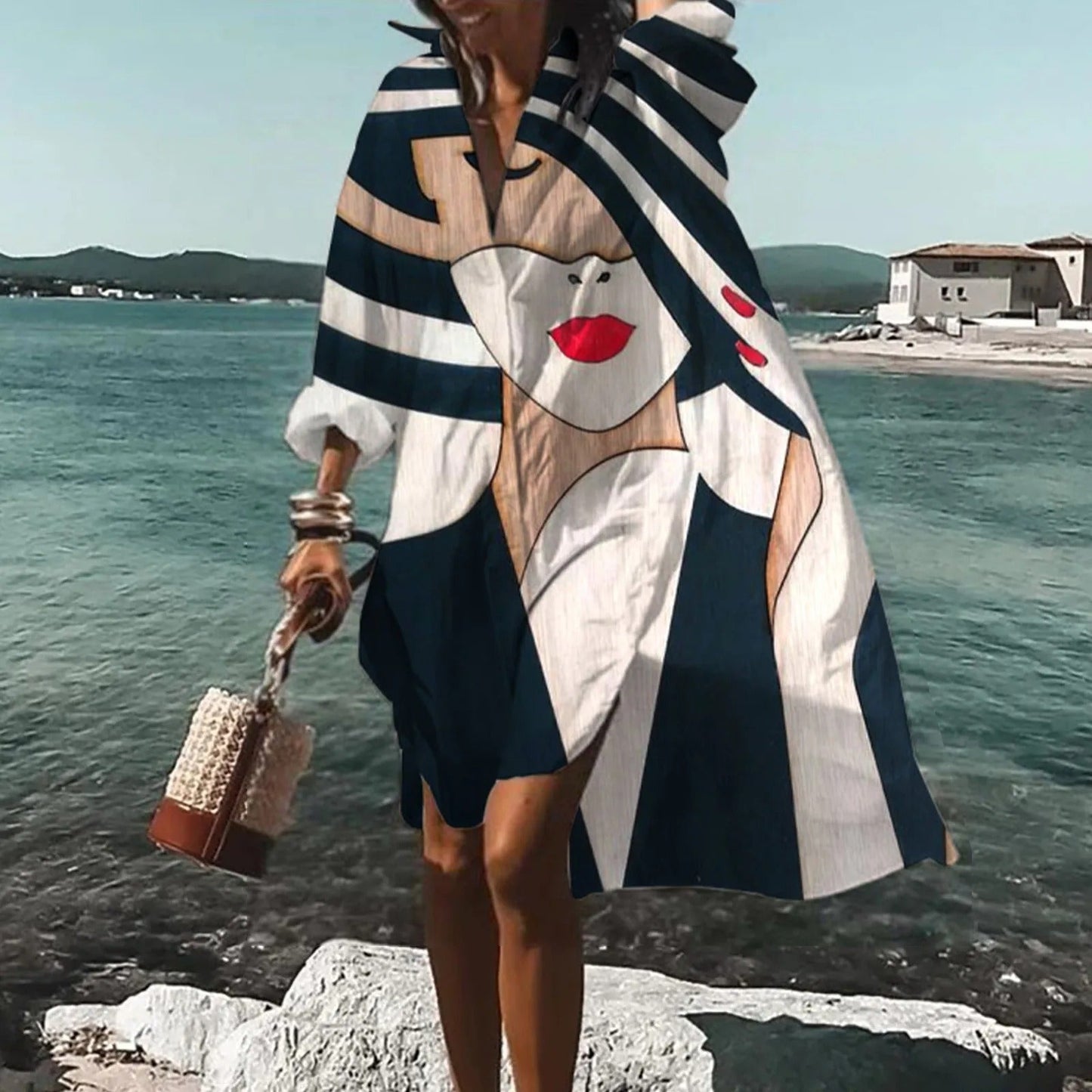Women’s Printed Shirt Style Relaxed Fit Casual Midi Dress