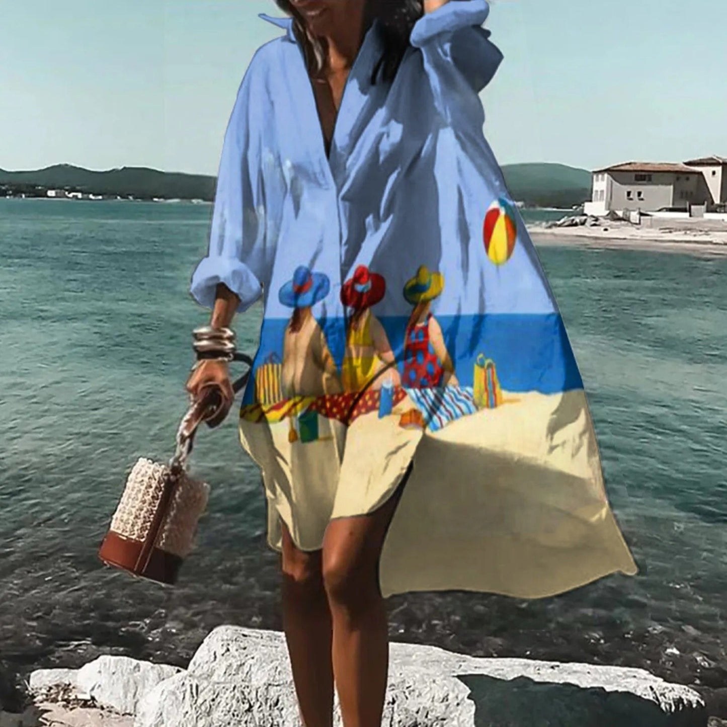 Women’s Printed Shirt Style Relaxed Fit Casual Midi Dress