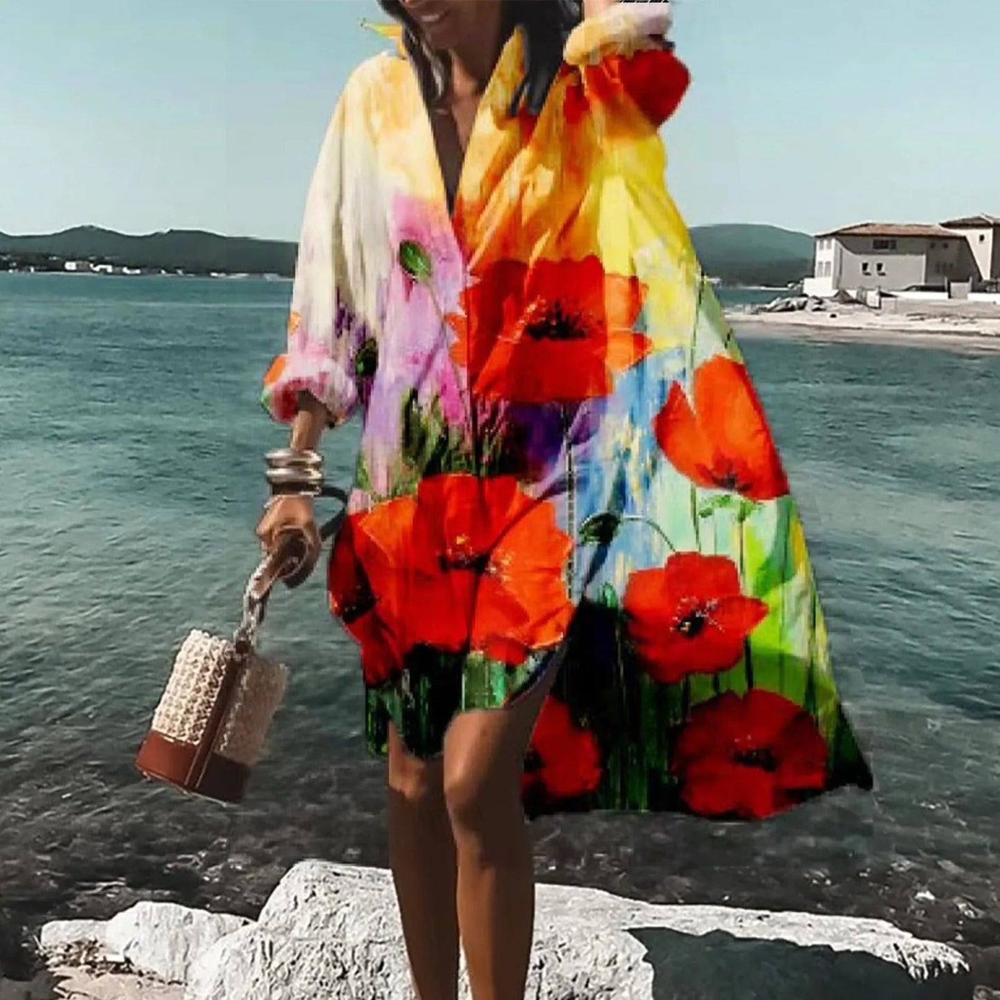 Women’s Printed Shirt Style Relaxed Fit Casual Midi Dress