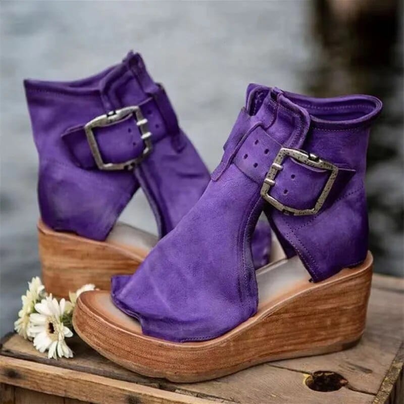 Women’s Open Toe Wedge Ankle Boots with Buckle